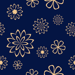 深蓝色背景上的金色花饰。 纺织品和壁纸的无缝图案