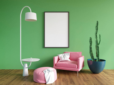 横向海报模拟与框架, 沙发, 灯和植物。3d 渲染。插图