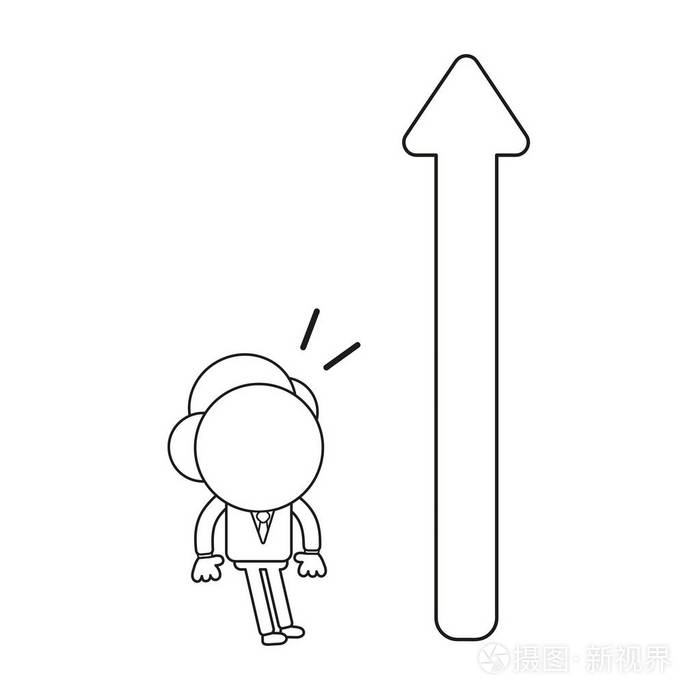 矢量插图概念商人人物看箭头向上移动黑色轮廓