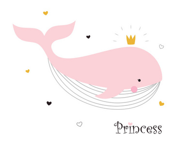 儿童可爱的婴儿背景可爱的鲸鱼公主带皇冠和刻字时尚印花的滑稽动物插图。