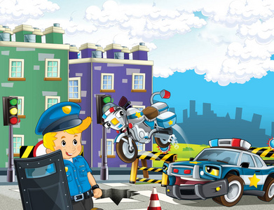 卡通场景与警车马达,警察巡逻插图儿童照片