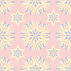 花卉无缝图案。 浅粉色背景，浅蓝色和黄色花卉元素，用于壁纸纺织品和织物