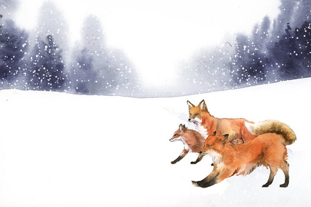 雪水彩风中的手绘狐狸