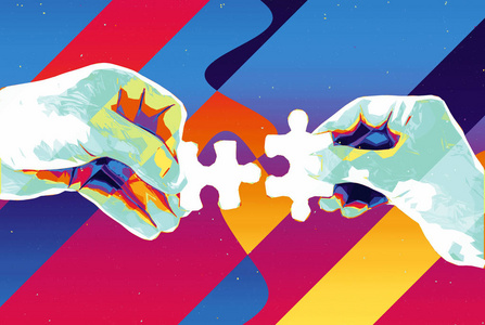 手与两个拼图块抽象背景，现代插图为团队合作，伙伴关系，联系，合作业务设计