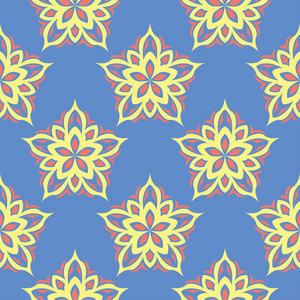 花卉无缝图案。壁纸纺织品和织物蓝色背景上的红黄花元素