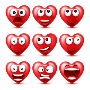 心微笑表情符号向量设置为情人节。有趣的红色脸与表情和情绪。爱情符号
