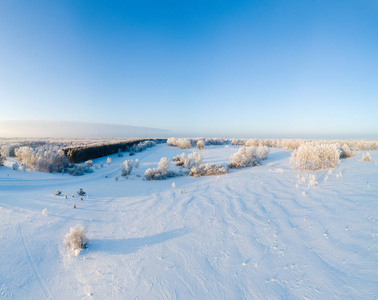 白雪公主白桦林覆盖海霜的空中照片。