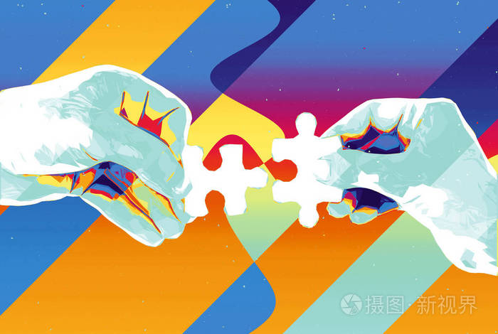 手与两个拼图,抽象背景,现代插图,团队合作,伙伴关系,联系,合作,业务