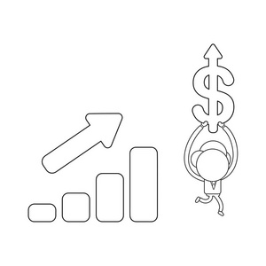 矢量插图概念的商人性格与销售条形图和携带美元箭头。 黑色轮廓。