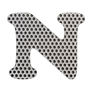 字母表的字母n不锈钢冲压金属片。 白色背景