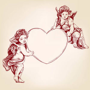 天使或丘比特, 小抱着一颗心, 情人节, 爱情, 贺卡手绘向量说明现实