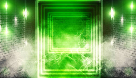 空暗房间的背景，砖墙照明霓虹灯绿灯激光束烟雾。 背景趋势颜色UFO绿色