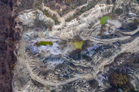 来自无人机的工业采矿景观。 废弃露天矿山自然污染的鸟瞰图