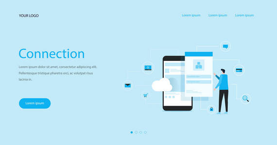 平面插图网页头设计概念与业务人员使用移动连接云