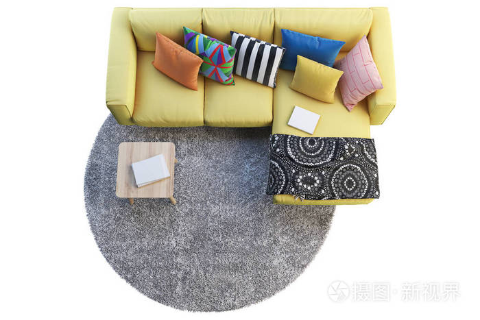 黄色织物沙发与躺椅的三维渲染。 白色背景上的灰色圆形地毯和木制咖啡桌。 斯堪的纳维亚内部。 家具套装