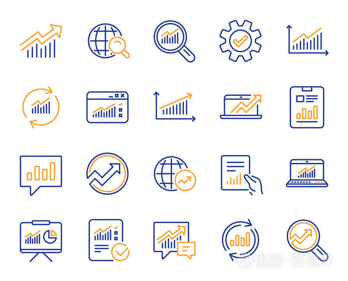 分析统计线图标. 一组图表报告文档和图形图标.