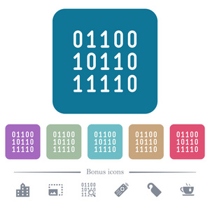 二进制代码白色平面图标的颜色圆形方形背景。 包括6个奖金图标