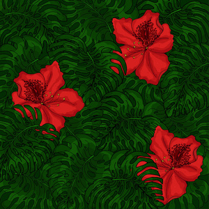怪兽和红色杜鹃花绿叶的背景。 带有热带树叶的装饰形象。 矢量插图EPS10。