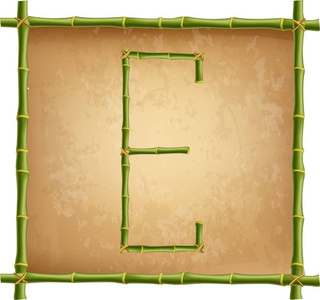 矢量竹字母表。 大写字母e由现实的绿色竹棒杆在旧纸莎草纸羊皮纸或帆布背景上制成。 创建文字文本广告信息的ABC概念。
