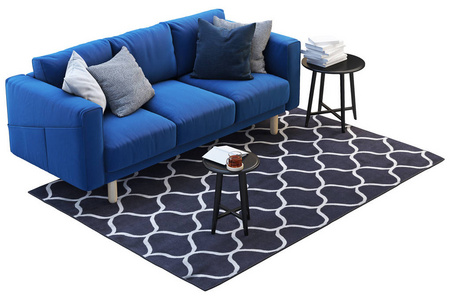 深蓝色织物沙发的三维渲染与地毯和黑色咖啡桌在白色背景。斯堪的纳维亚内部。家具套装