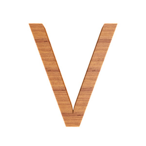 大写的木制字母V独立于白色背景，字体为您的设计，3D插图