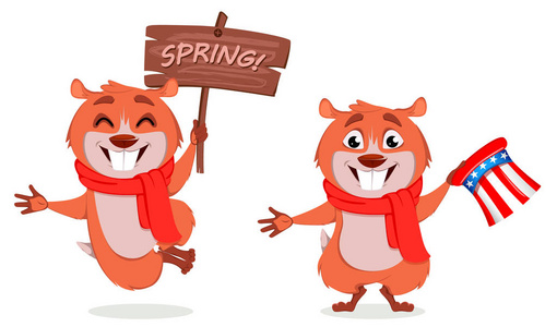 有趣的土拨鼠跳跃,拿着木盘子,拿着山姆叔叔的帽子.