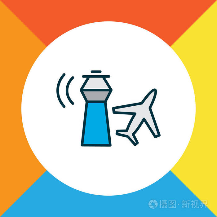 控制塔图标彩色线条符号.时尚风格的优质隔离机场建筑元素
