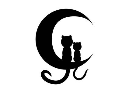 两只猫坐在月亮上的卡通插图.是黑色的轮廓.背景是白色的.照片