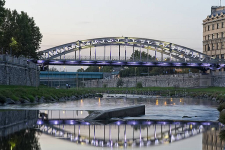 s reflection in evening blue hour Ostrava city.