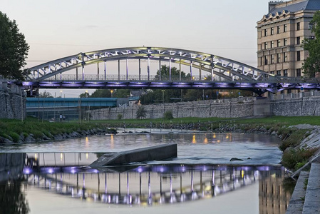 s reflection in evening blue hour Ostrava city.