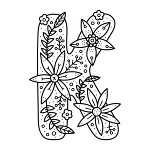 花字母表. 黑白涂鸦字母. 成人和儿童着色书.