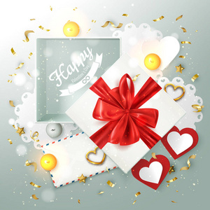 s day banner card, holiday composition with gift box and romanti