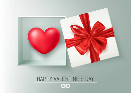 s day postcard, heart in open gift box with red bow, vector illu