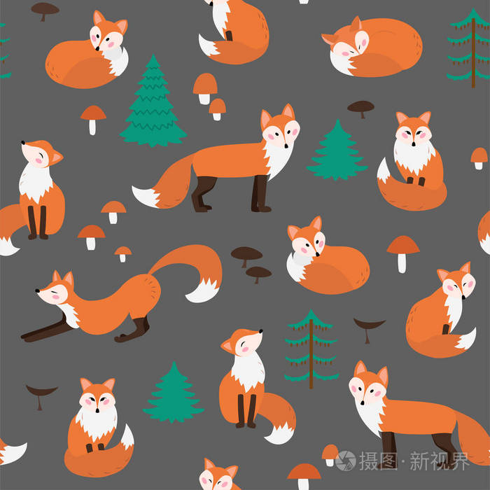 无缝手绘图案与可爱的狐狸卡通风格. 矢量插图纺织品印刷.