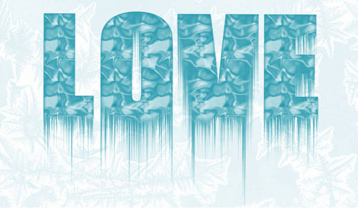 概念酷爱。 装饰冻结文字爱与冰柱在玻璃背景与冻结装饰。