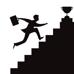 矢量虐待商人跑在楼梯上，以达到成功的胜利奖杯在顶部。 黑白剪影