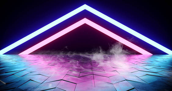 蓝紫充满活力三角形线上的深色金属瓷砖反光地板空间三维渲染插图照片