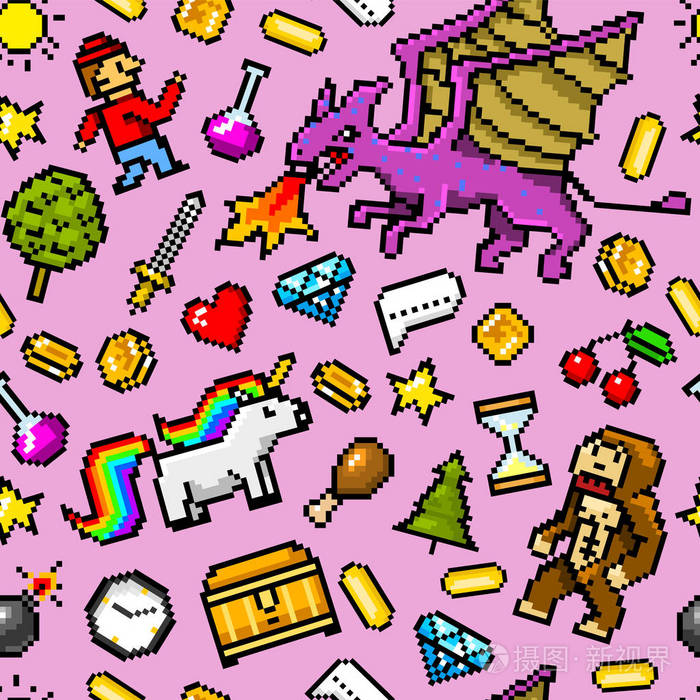 像素艺术8位对象无缝模式.复古游戏资产.图标集.老式计算机视频拱廊.