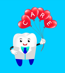 可爱的卡通牙齿牙医与心形气球. 牙科护理概念.