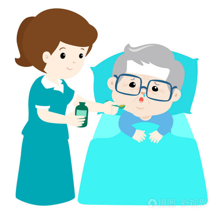 生病的祖父在护士阿西坦吃药插画-正版商用图片177mp9-摄图新视界