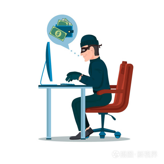 插画 电脑黑客试图破解系统, 偷钱.小偷卡通人物向量例证.eps