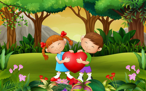 卡通幸福夫妻小孩抱着一颗心在公园里