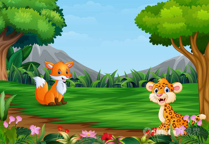美洲豹和狐狸在丛林中玩耍的卡通片插画 正版商用图片177nmo 摄图新视界