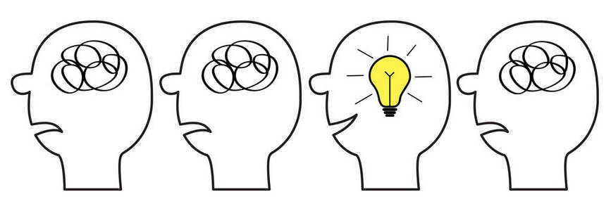 想法灯泡在大脑内的头部涂鸦. 心理健康. 心理治疗. 思考过程.