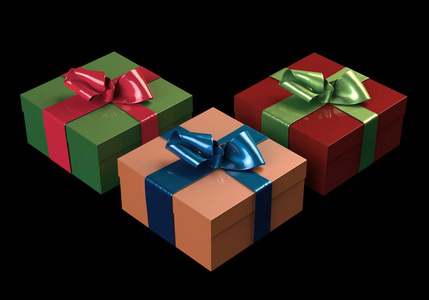 五颜六色和条纹盒与礼物绑在黑色背景弓。新年快乐3d 例证