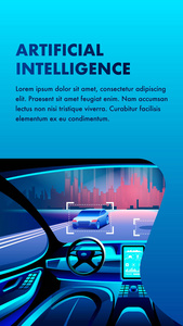人工智能汽车驾驶舱内有无人驾驶自动转向和街道雷达系统。 城市景观。 智能创新汽车横幅插图。