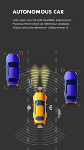 自治汽车公路道路交通俯视矢量插图。 有汽车驾驶员协助的车辆。 智能汽车安全GPS连接车辆通信传感系统。