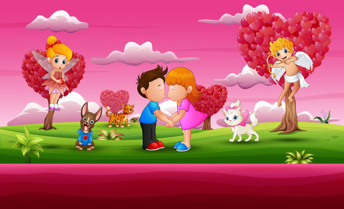卡通小男孩和女孩在美丽的粉红色花园里接吻