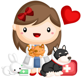 兽医的形象,旁边有许多动物照片