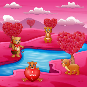 河岸上的一群熊，有粉红色的景象